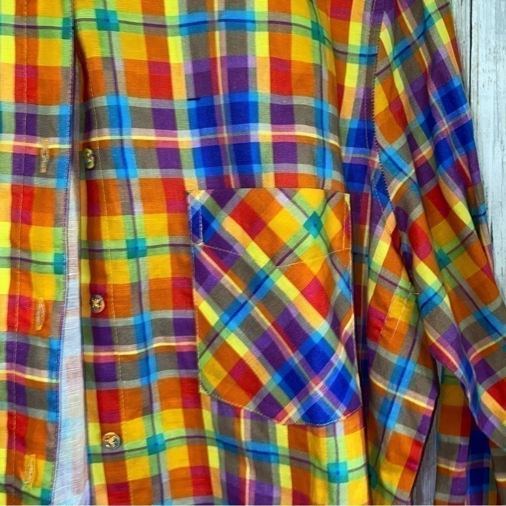 WeWoreWhat Rainbow Plaid Oversized Shirt Linen Blend Button Down XS NWOT - Picture 3 of 5